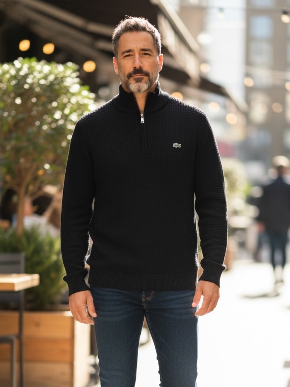 Lacoste Quarter Zip Pullover Sweater Quiet Luxury Black Cotton Pique Logo